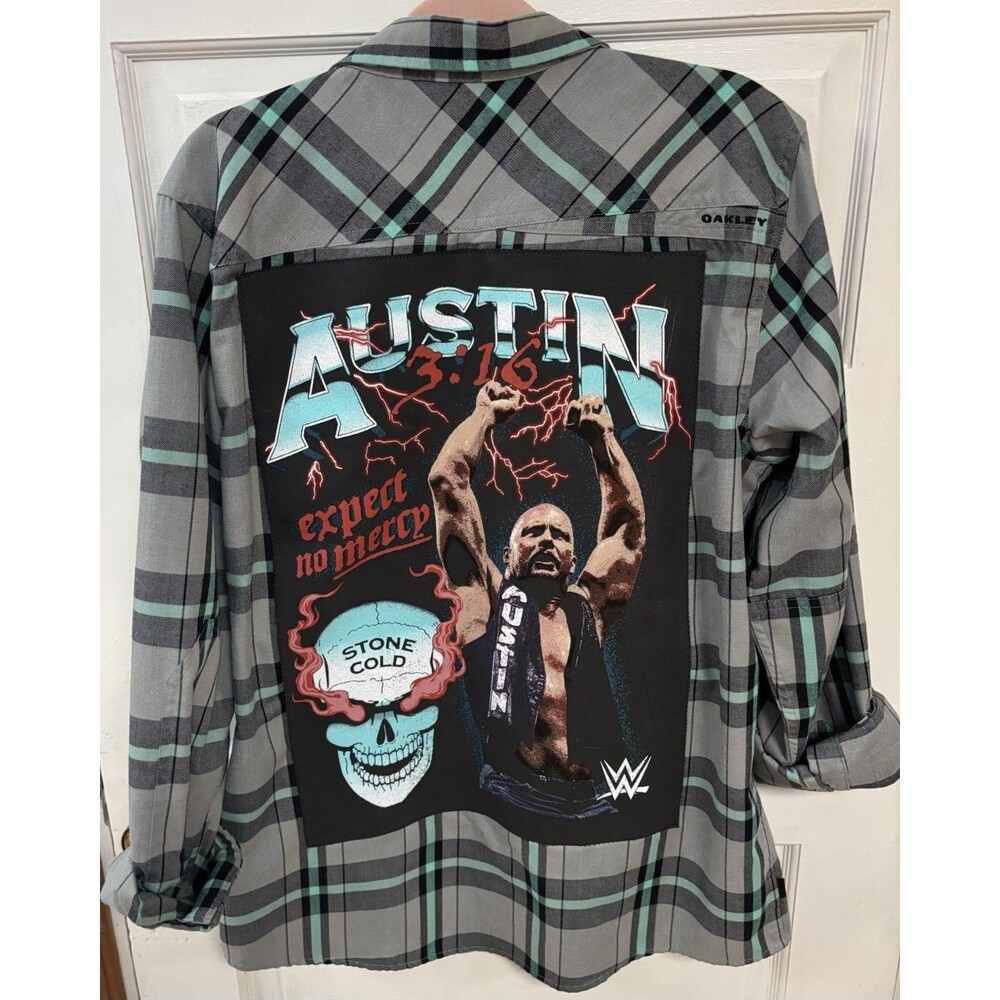 Stone Cold Steve Austin 3:16 Upcycled Flannel Oakley Button Up Shirt WWE Plaid